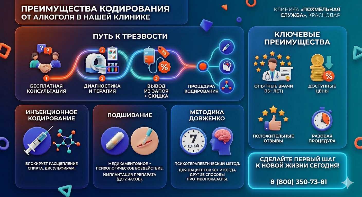 Инфографика о методах кодирования от алкоголя в Васильевке: инъекции, подшивание, метод Довженко. Преимущества клиники и этапы лечения.